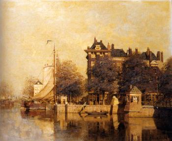 Johannes Christiaan Karel Klinkenberg : Moored Sailing Vessels Along A Quay Amsterdam